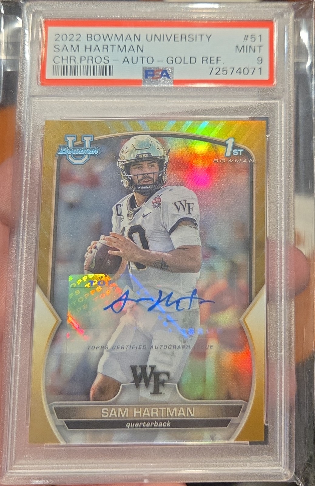 2022 BOWMAN CHROME UNIVERSITY PROSPECT AUTO#51 SAM HARTMAN GOLD REFRACTOR