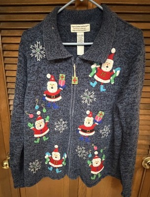 Tiara Intl Christmas Sweater XL Zip Up Santa Embroidered Holiday Festive Cute
