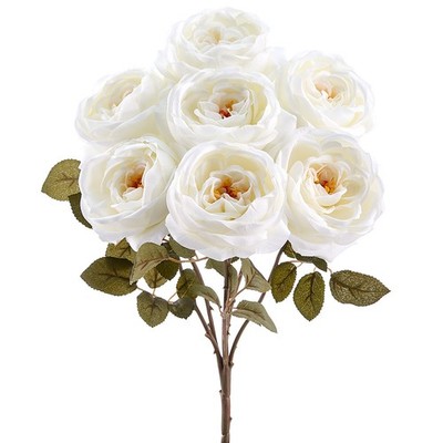 English Garden Rose Bush 7 Flowers, Cream Color Artificial Flowers, 18''