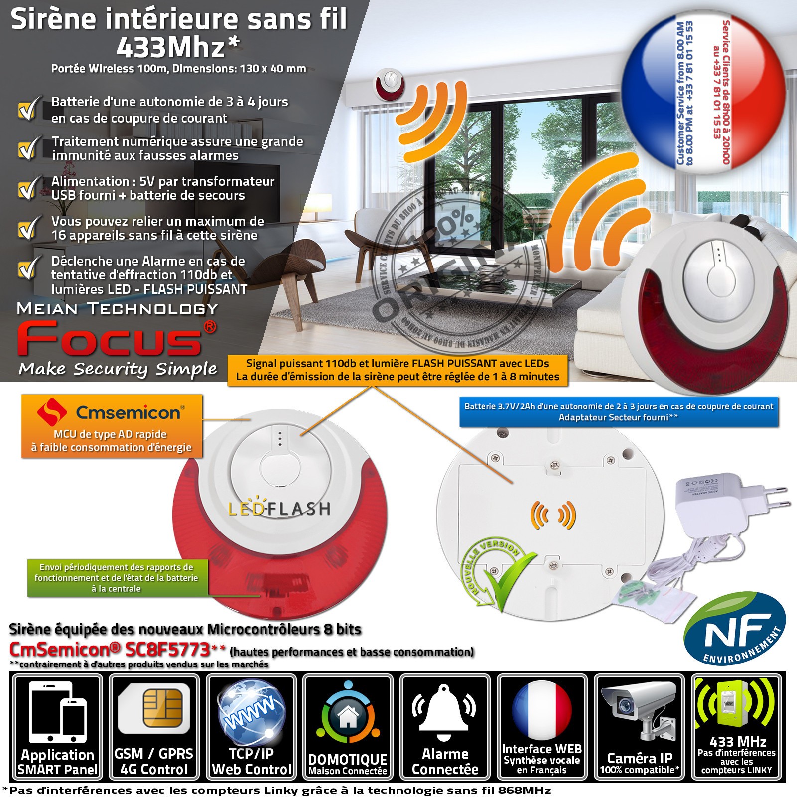 Sirène MD-214R sans fil avec puissant flash LED et alerte sonore 110dB pour alarme