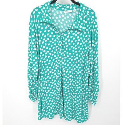 Susan Graver Button Front Tunic Women Plus 3X Green Polka Dot Ruched Stretch