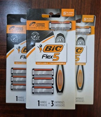 3 Bic Flex 5 Refillable- 1 Handle and 3 Cartridges Per Box
