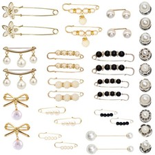 36 Pcs Pearl Brooch Pins Sweater Shawl Clip Neckline Safety Pin Faux Rhinestones