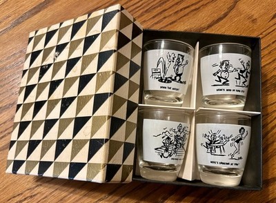 Anchor Hocking Shot Glasses Set 4 Vtg 3500/384 1/3 S1 Box Humorous Barware MCM