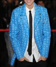 Rare MCM Blue Monogram Leather Jacket – Designer Biker Style with Zippers