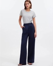 Madewell The Harlow Wide Leg Womens 12 Navy Blue Linen Twill Blend Trouser Pants