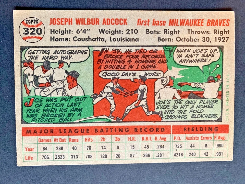 1956 Topps #320 JOE ADCOCK Milwaukee Braves grey back EX - Image 2 of 2
