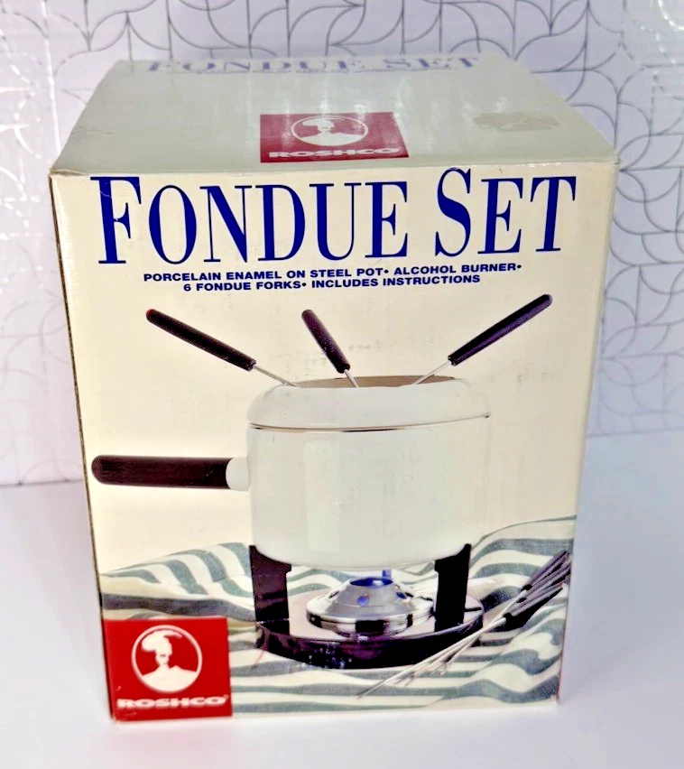Roshco 2 Qt White Porcelain Enamel Fondue Set 6 Forks, Alcohol Burner, Stand EUC