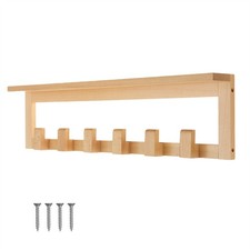 Wooden Coat Rack With Shelf, 68cm Wall-Mounted 6 Coat Hooks All-Wood Beech