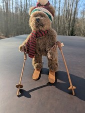 Vtg Russ Berrie Skier Teddy Bear Jointed Posable Skis/Poles Winter Christmas EC