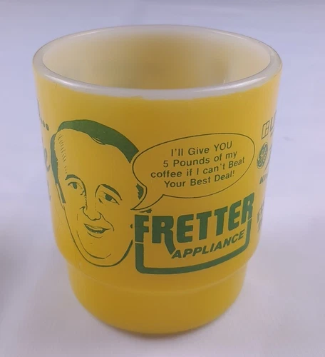 Vintage Fretter Appliance Anchor Hocking Yellow Fire King Coffee Cup MILK GLASS