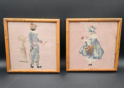 Victorian Girl Boy Finished Needlepoint Bamboo Frames Floral Paintings See Photo
