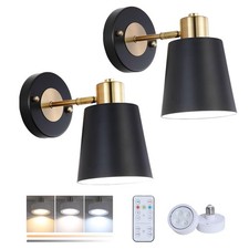 Battery Operated Wall Sconce Set of Two, Black and Gold Modern with Remote Co...