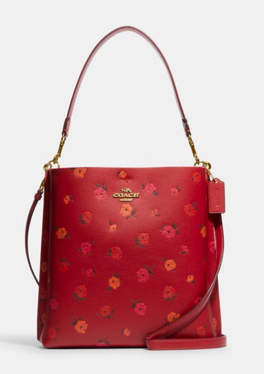 NWT Coach Mollie Bucket Bag In Leather With PEONY Floral Print