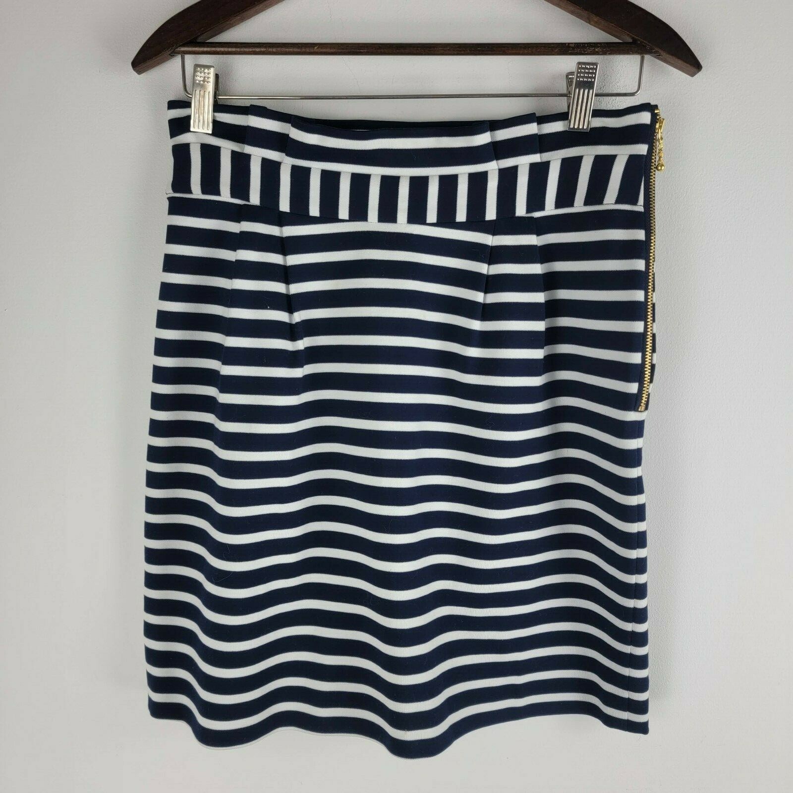 Kate Spade womens pencil skirt side zipper pleated front navy white stripe sz 6