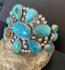 Mens Blue Royston Turquoise Navajo Sterling Silver Cuff Bracelet 1070