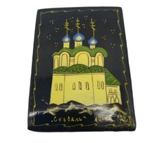 Russian Lacquer Small Trinket Pill Box Church w 3 Towers Signed READ  