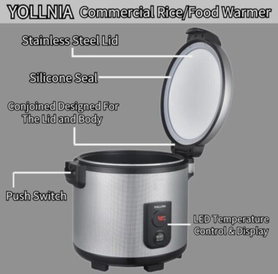 YOLLNIA Commercial Rice Warmer 20L/21.1QT Non-Stick Inner Pot Keeps Warm 12+ HRS