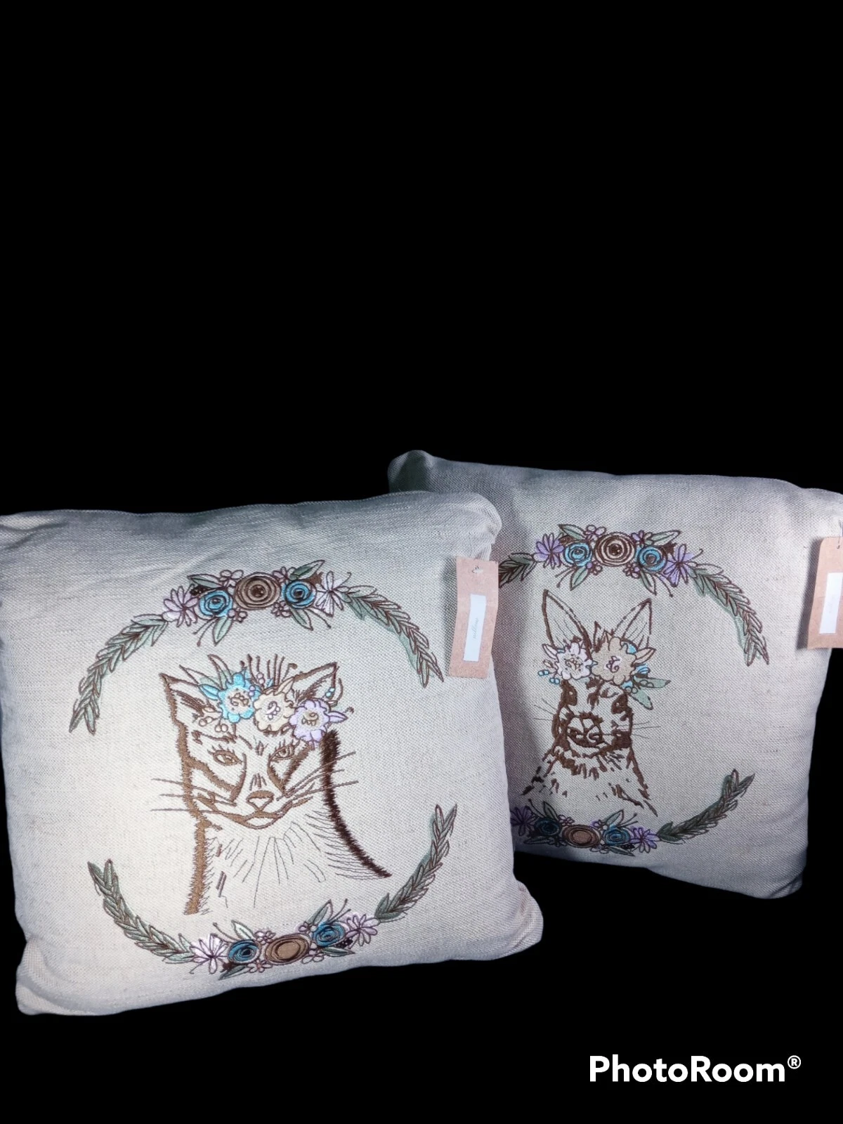 2 Bunny Rabbit Fox Throw Pillows 16x16" Embroidered Burlap Macy's