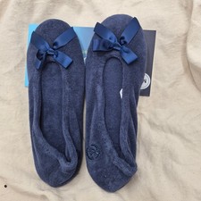 NEW Isotoner Women's Terry Ballerina Slipper with Bow Comfort Navy med 6.5-7. 5