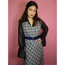 XL to XXL Vintage 1970's Navy Blue Tan Plaid Wool 2 Piece Set Vest and Skirt
