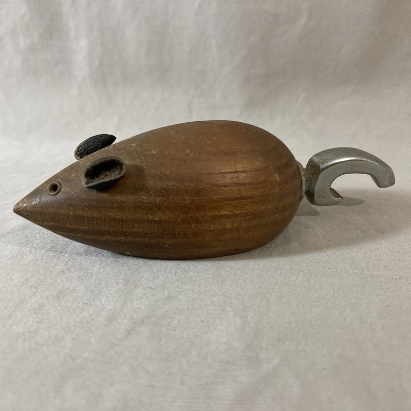 The Cutest! Vintage MCM Wooden Mouse with Leather Ears! Steel Bottle Opener