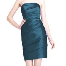 DAVID'S BRIDAL Women's 14 Peacock Blue Teal Short Pleated Satin Strapless Dress