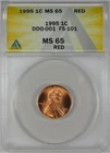 1995 1c Lincoln Copper Penny Cent ANACS MS65 RED **Double Die Obverse**