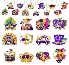 36Pcs Mardi Gras Ornaments for Tree,Wooden Purple Yellow Green Hanging Decoratio