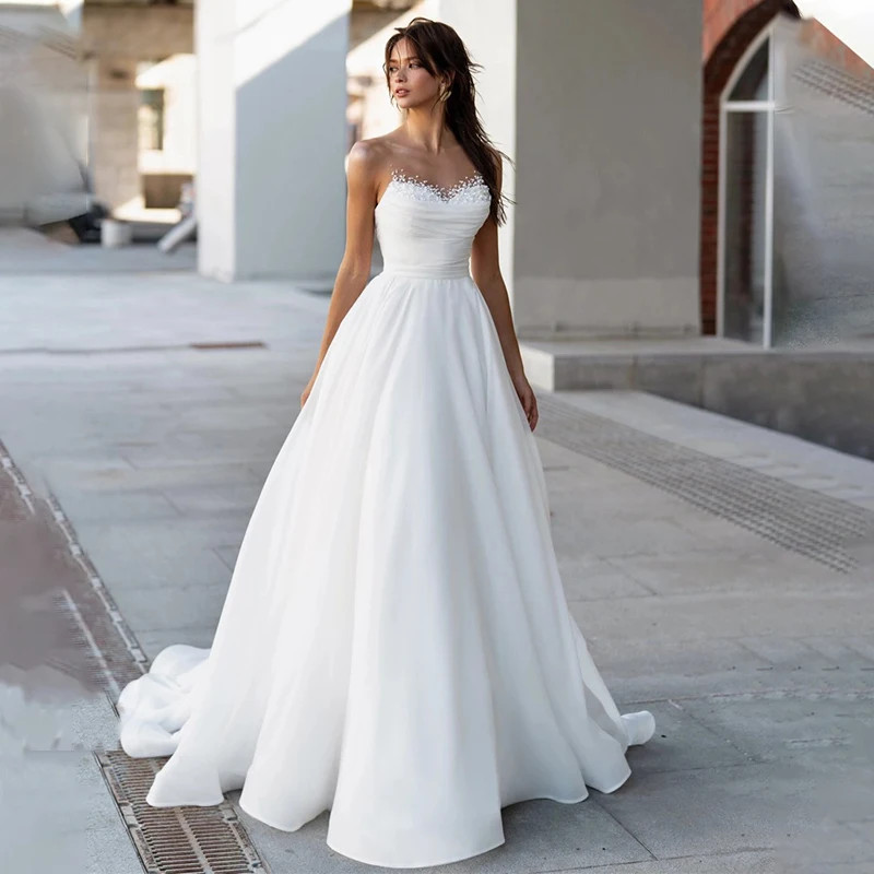Elegant Beading Pleat A-Lne Wedding Dresses Sweet Train Scoop Neck Bridal Growns