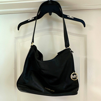 Michael Kors Black Pebbled Shoulder Bag Zip Closure MK Charm Gold Hardware