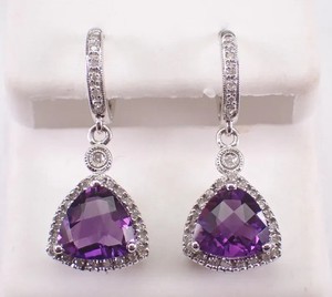 Authentic 2.20Ct Trillion Lab-Created Amethyst Drop/Dangle Earrings 14K White Gold Plated