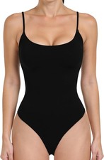 Women Spaghetti Strap Square Neck Bodysuit Double Lined Thong