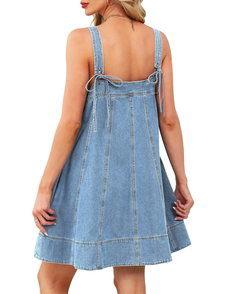 Vestido de mezclilla para mujer con corbata al hombro con correas sin mangas con volantes dobladillo verano C... Foto 2 de 4