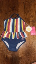 RuffleButts Baby Girl Swimsuit 12-18 Months One Piece Sunset Stripe UPF 50 SPF