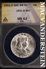 1951-D Franklin Half Dollar-ANACS MS 62 FBL Brilliant Uncirculated #SLM542