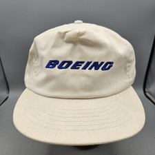Vintage Boeing Logo Baseball Cap Hat Cream Blue Ownco Marketing Made in USA