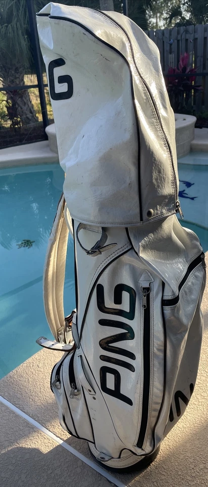 Bolsa de golfe Ping Tour vintage clássica preta logotipo couro branco falso retrô com capa - Imagem 2 de 4