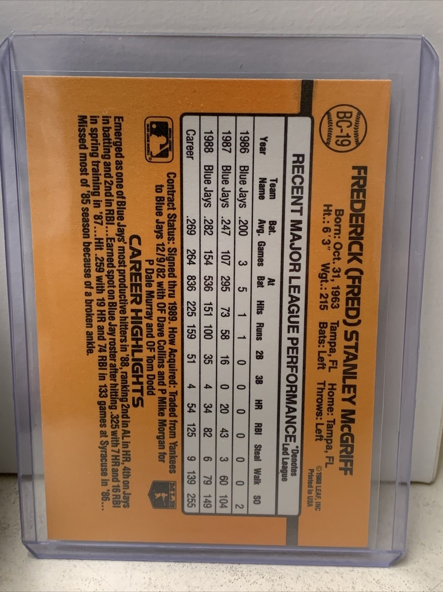 1989 Donruss MVP BC-19 Fred McGriff - Blue Jays HOF Error card No