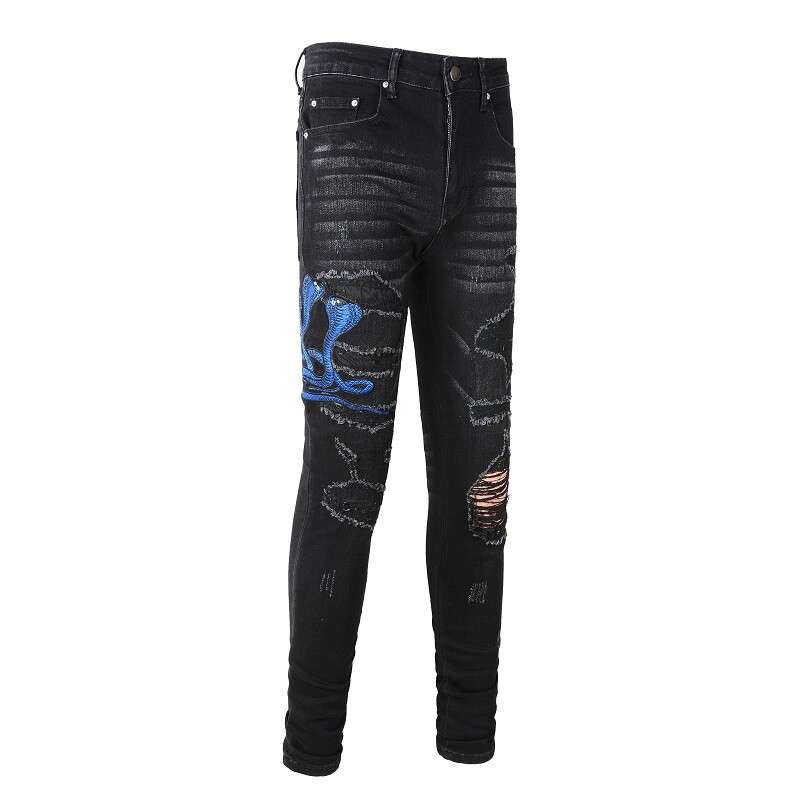 DARK FOG★Ink snake print washed distressed jeans DF31 Snake Embroidery & PU Patches Men's Skinny Stretch Jeans