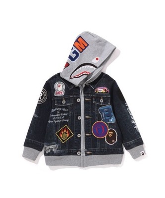 A BATHNIG APE KIDS SHARK BAPE EMBLEM DENIM JACKET PRINT ZIP HOODIE size 140 NEW