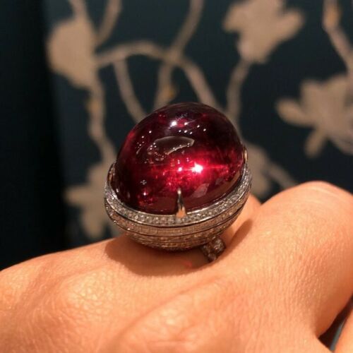 Classic Blood Red 40.00CT Ruby With Pave Set Round CZ Fashion Unique Design Ring - Picture 1 of 5