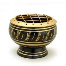 Burner - Black Brass Burner, Medium Base, Feather Engraving, Net Top 2"Hx2.5"D