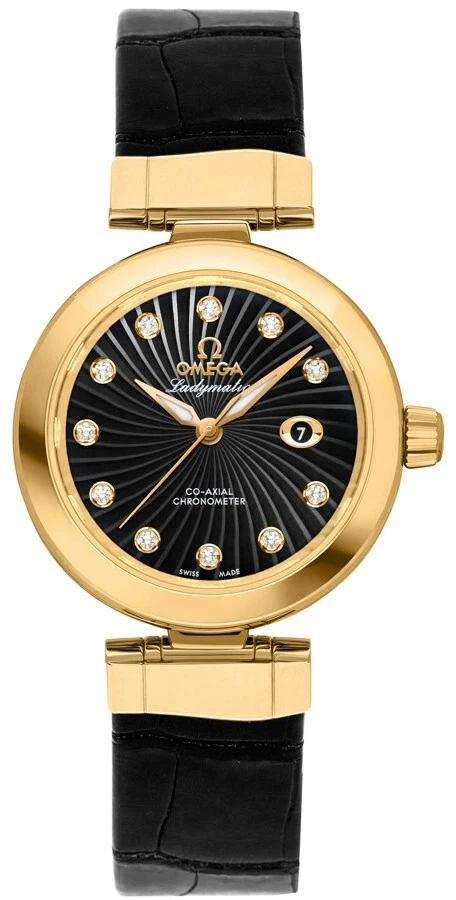 Omega DeVille Ladymatic 18k Yellow Gold Black Dial Strap Ladies Diamond Watch