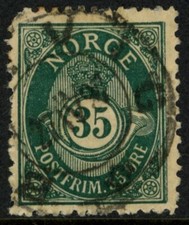 1895 (NK 71) Posthorn Knudsen perf 13 1/2 x 12 1/2 35 øre Used