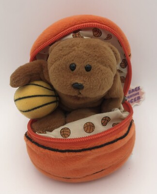 Plushland Basketball Bear Plush Free Throw Zipper Pouch Brown Mini Teddy Orange 