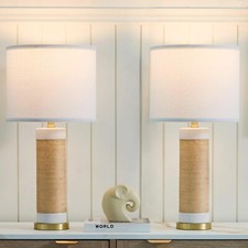 26 Boho Rattan Table Lamp Set of 2 Ceramic Lamps for Nightstands Vintage
