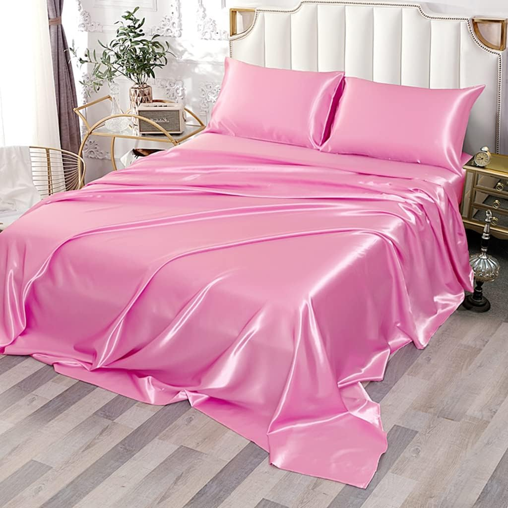 Twin Satin Sheets [3-Piece, Pink] Hotel Luxury Silky Bed Sheets - Microfiber She