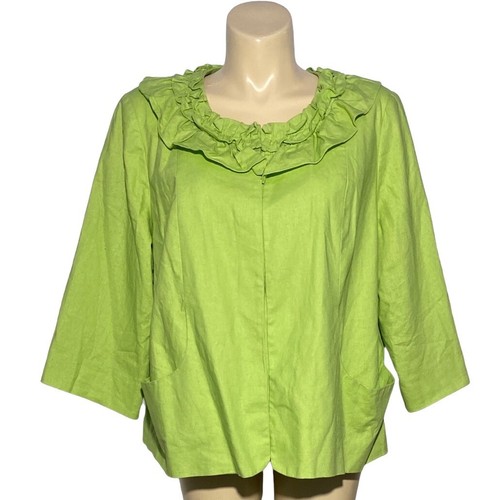 Cato Woman 22 24 Plus Size Blazer Jacket Lime Green Linen Ruffle Collar 3/4 Sl - Afbeelding 1 van 7