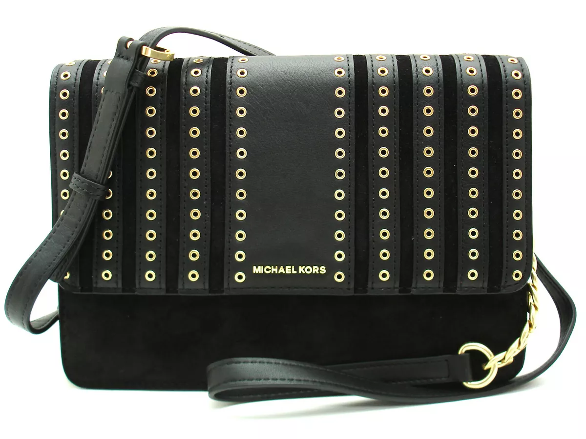 NWT MICHAEL KORS BROOKLYN GROMMET Large Crossbody Suede Leather Black Gold